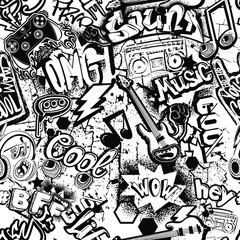 Abstract seamless comics pattern with music elements, gamepad, graffiti words. Black ad white grunge teenagers print. Repeat wrapping paper. © Kseniia Koval