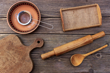Worktop for dough in the kitchen, kitchen utensils