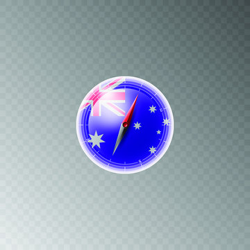 Illustration of a compass with the flag of AUSTRALIA on a transparent background. Recreation, entertainment, tours, travel, walks, routes in my country. Isolated vector.