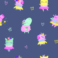 Abstract seamless cartoon animals pattern for girl fashion clothes, wrapping paper. Funny pig, cat character.