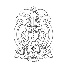 Linear tattoo. Girl face and skull. Line illustration