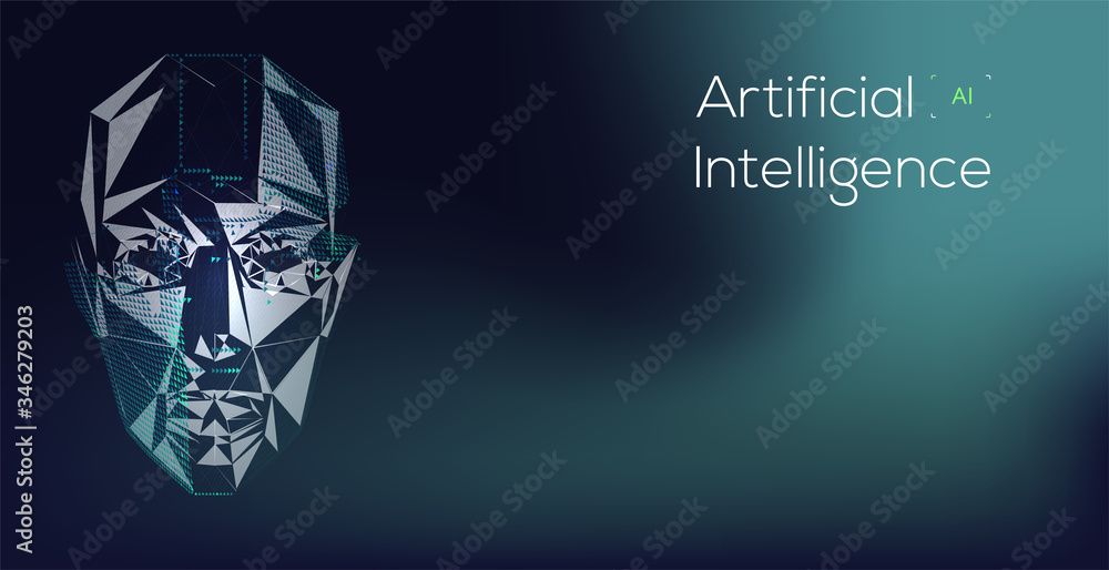 Poster future of artificial intelligence (ai), human face with ai text made by digital circuit on blue back