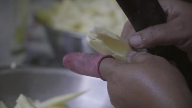 Close-up of mature Indian lady working indoors cooking slow motion