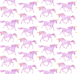 Seamless pattern of hand drawn watercolor blue unicorn illustration isolated on white background