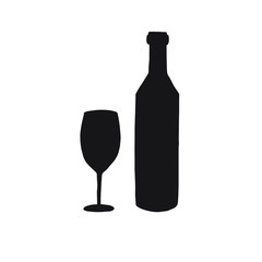 Vector black doodle sketch wine bottle and glass silhouette isolated on white background