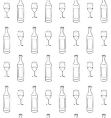 Vector seamless pattern of hand drawn doodle sketch wine bottle and glass isolated on white background