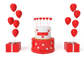 3D Render Balloon with gift boxs and Cake