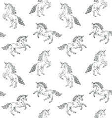 Vector seamless pattern of hand drawn doodle sketch black unicorn isolated on white background