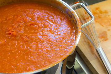 Italian tomatoe sauce simmering in a cooking pot