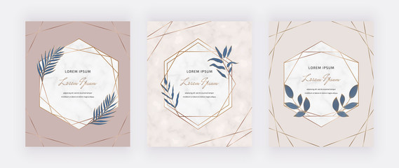 Nude cards with geometric marble frames and blue leaves. Trendy templates for wedding invitation, greeting, banner, flyer, poster, save the date
