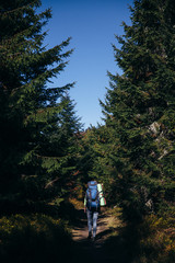Female hiker with backpack in forest