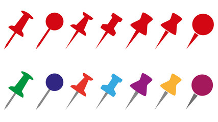 Set push pin (drawing pin) sign icons for web site, page and mobile app design element. Stylish red and multi-colored sets.