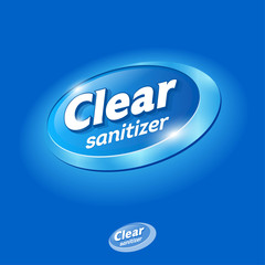 Clear logo. Sanitizer for hands. Hand antiseptic gel and virus protection label. Medical pharmaceutical soap, toothpaste and mouthwash. Blue glossy ellipse with letters.