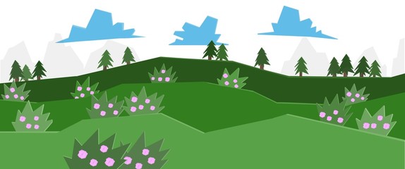 Paesaggio collinare fiorito. Boschi e prati verdi. Campagna in primavera. Panorama di campagna. Natura, colline e boschi. Alberi e cespugli fioriti. Stagione. Cielo con nuvole. Boccioli di rosa.
