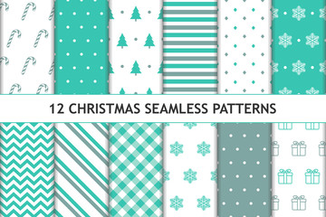 Set of 12 Christmas seamless patterns. Turquoise, gray and white colored. New year backgrounds. Can be used for textile print, wrapping papers etc.  Vector illustration.