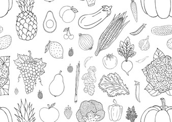 Vector seamless pattern of hand drawn doodle sketch black vegetables fruit and berries isolated on white background
