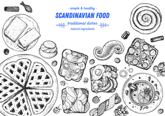Scandinavian cuisine top view frame. Smorgasbord illustration. A set of Scandinavian dishes . Food menu design template. Vintage hand drawn sketch vector illustration. Engraved image