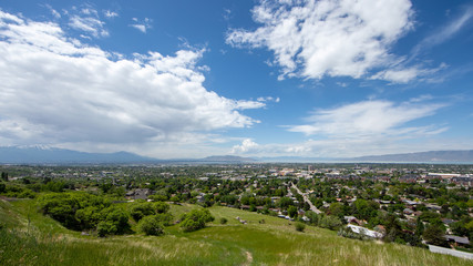 Fototapeta na wymiar Wide angle view over Provo, Utah with clouds in the sky.