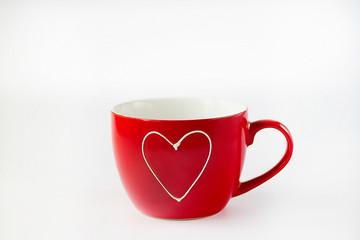 Red cup with a white heart on a white background.