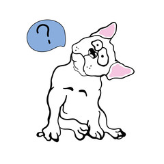 The dog is made in doodle style. French bulldog isolated on a white background. Vector illustration. Vector EPS 10, HD JPEG 4000 x 4000 px. Coloring page with a dog.The dog label for your any artwork