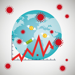 planet earth with covid19 particles and statistics arrows in coins vector illustration design