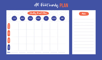 Week meal planner, daily food plan. Diet diary list, weekly organizer, A4 printable page