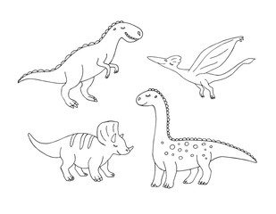 Vector set bundle of hand drawn doodle sketch different black dinosaur isolated on white background