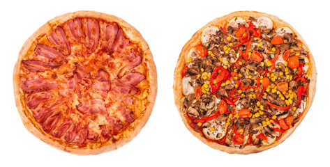 Set of two delicious pizza isolated on white background, top view. Pizza with becon and mozarella and pizza Veggie or Vegetarian