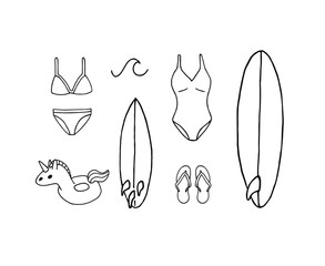 Vector set bundle of hand drawn doodle sketch beach surf and swimming suit and accessories isolated on white background