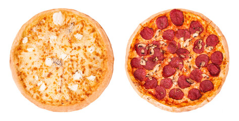 Set of two delicious pizza isolated on white background, top view. Pizza quattro formaggi and pizza...