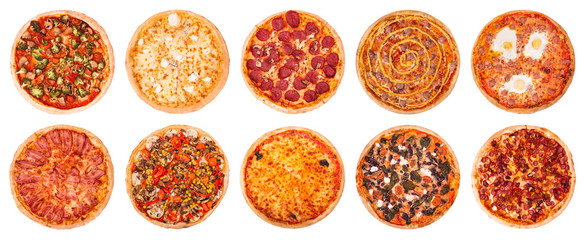 Big set of ten the best Italian pizzas isolated on white background