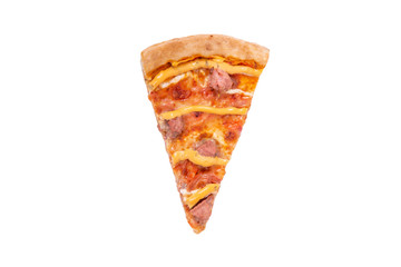 A slice of a delicious salsiccia pizza with beef sausages, mozzarella, various sauces and marinated red onions, isolated on white background with clipping path, top view