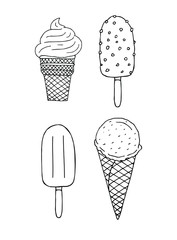 Vector set bundle of hand drawn doodle sketch different ice cream isolated on white background
