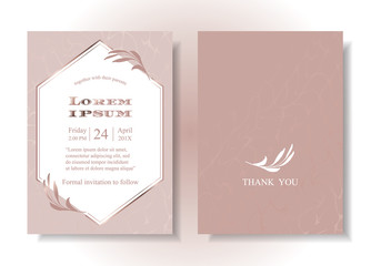 Wedding card template Elegant rose gold tone, elegant marble background. Rose gold twist, the front is a white hexagon, edging and leaves rose gold. You can change the text. illustration