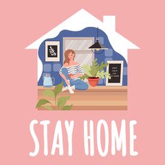 Stay home card template. Woman sitting on the kitchen and drinking tea during global outbreak of Coronavirus.