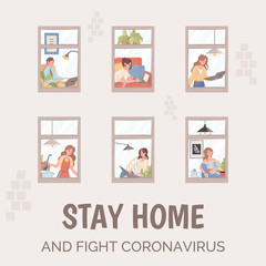 Stay home and fight Coronavirus poster template. People working, cooking during global pandemic of Coronavirus.