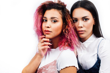 best friends teenage girls together having fun, posing emotional, two diverse nations students: african american and asian