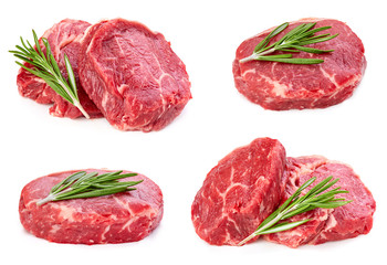 Beef steak with leaf rosemary. Steak collection isolated with clipping path. Full depth of field