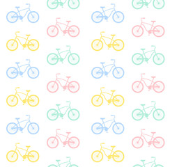 Vector seamless pattern of different flat cartoon pastel bicycle silhouette isolated on white background