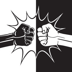 Fist Bump Yin Yang Contrast Style Creative Concept with Two Hands Clenched into Fists Punching Each Other and Bang Bubble - Black and White on Opposite Background - Hand Drawn Design
