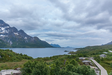 Norwegian summer landscape fjord, mountains, Norway. selective focus, Colorful morning scene in Norway.