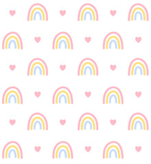 Vector seamless pattern of pastel hand drawn doodle sketch rainbow and hearts isolated on white background