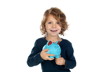 Cute little boy with a blue moneybox