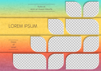 Template for photo collage or infographic in modern style. Frames for clipping masks are in the vector file. Template for a photo album with leaves shapes frames and gradient
