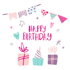 Funny cute vector hand-drawn illustration. Bright multi-colored gifts, garlands and confetti. Birthday celebration concept. Happy birthday lettering. Design for cards, banners, posters, textiles