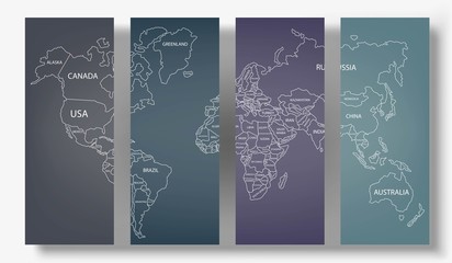 A dark set of illustrations map of the world. The world map consists of white polygons on a dark background. Countries and continents. Stock vector.