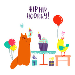 Funny cute vector illustration. A red cat and bright birds stands near a huge cake with gifts. Birthday celebration concept. Hip Hip Hooray lettering. Design for cards, banners, posters, textiles.