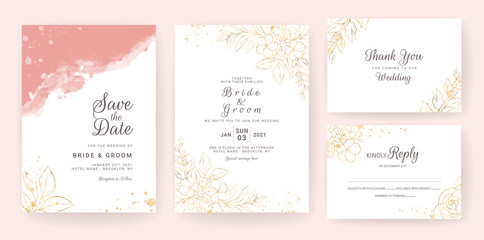 Fototapeta na wymiar Line floral wedding invitation card template set with pastel watercolor. Abstract background save the date, invitation, greeting card, multi-purpose vector