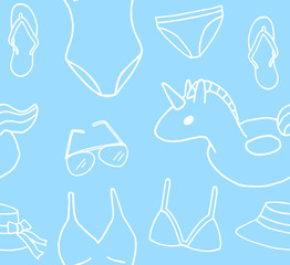 Vector seamless pattern of white hand drawn doodle sketch beach suit and accessories isolated on blue background
