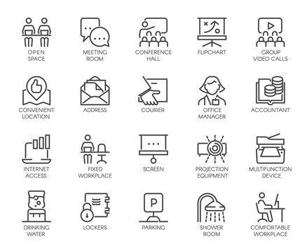 Premium Icons Pack of Coworking Center and Workspace, Business Space and Office Equipment. Such Line Signs as Workplace, Accountant, Manager. Custom Vector Icons Set in Outline Style Editable Stroke.